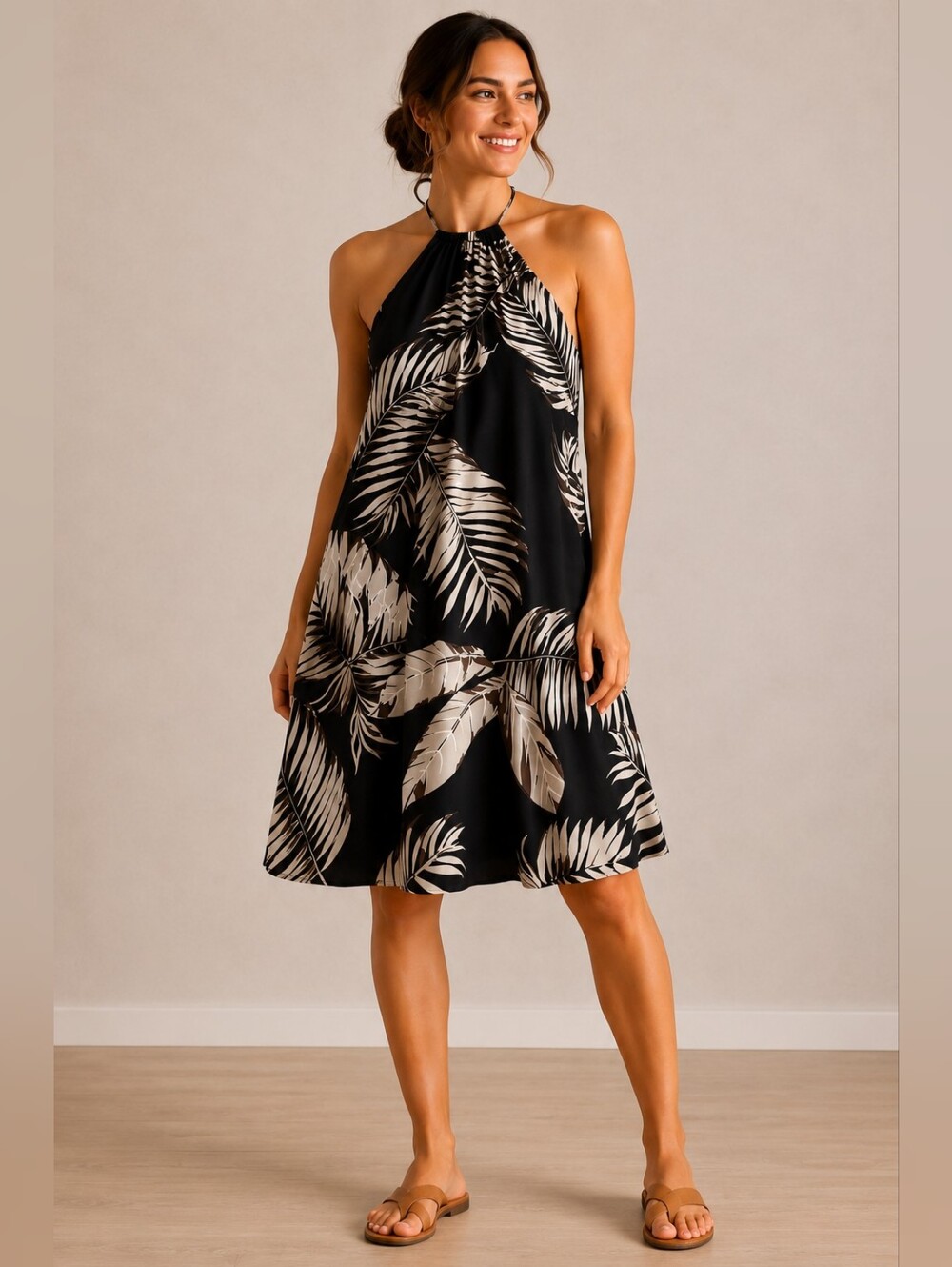Women’s Tropical Palm Halter Dress – Size Large